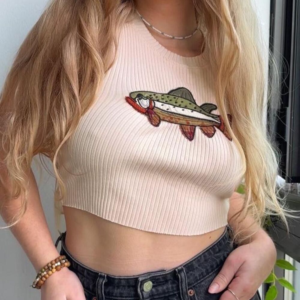 Upcycled patchwork fish embroidered beige cream rib knit crop tank